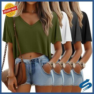 Oversized Crop Tees 4-Pack V-Neck Short Sleeve Summer Tops